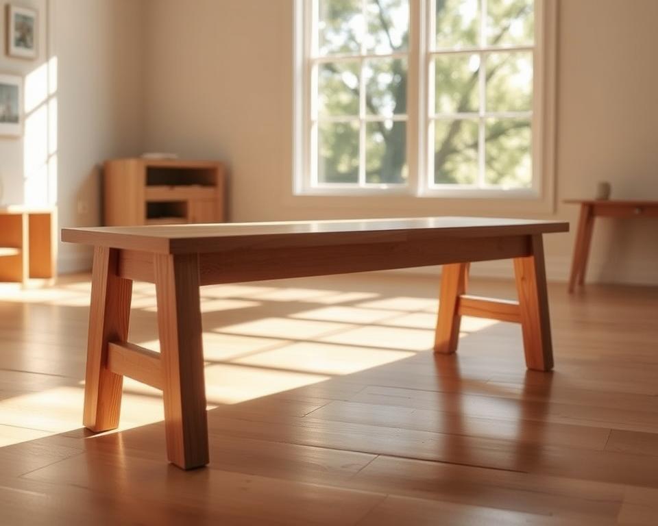 A beautifully crafted wooden bench with a modern, minimalist design, standing in a well-lit, airy room with natural wood flooring and soft, indirect lighting. The bench features clean lines, a smooth surface, and subtle details that add visual interest. In the background, a large window allows natural light to flood the space, casting warm, golden tones on the wood. The overall atmosphere is one of simplicity, functionality, and a touch of rustic charm, perfectly suited for a beginner-friendly wood project.