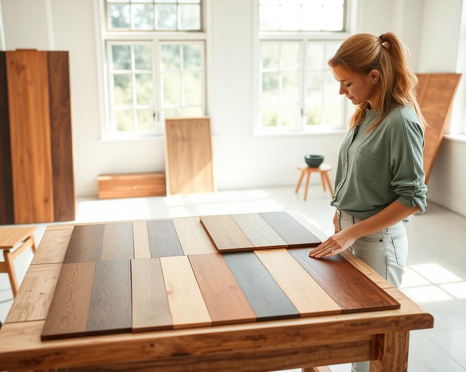 A bright and airy studio space, with natural light streaming in through large windows. On a wooden table, an assortment of wood samples in various finishes are neatly arranged, ranging from glossy lacquers to matte stains. A design-savvy woman in casual attire examines the samples, carefully considering the texture and sheen of each one. The background is clean and minimalist, allowing the focus to remain on the decision-making process of selecting the perfect wood finish for a home project. A bright and airy studio space, with natural light streaming in through large windows. On a wooden table, an assortment of wood samples in various finishes are neatly arranged, ranging from glossy lacquers to matte stains. A design-savvy woman in casual attire examines the samples, carefully considering the texture and sheen of each one. The background is clean and minimalist, allowing the focus to remain on the decision-making process of selecting the perfect wood finish for a home project.