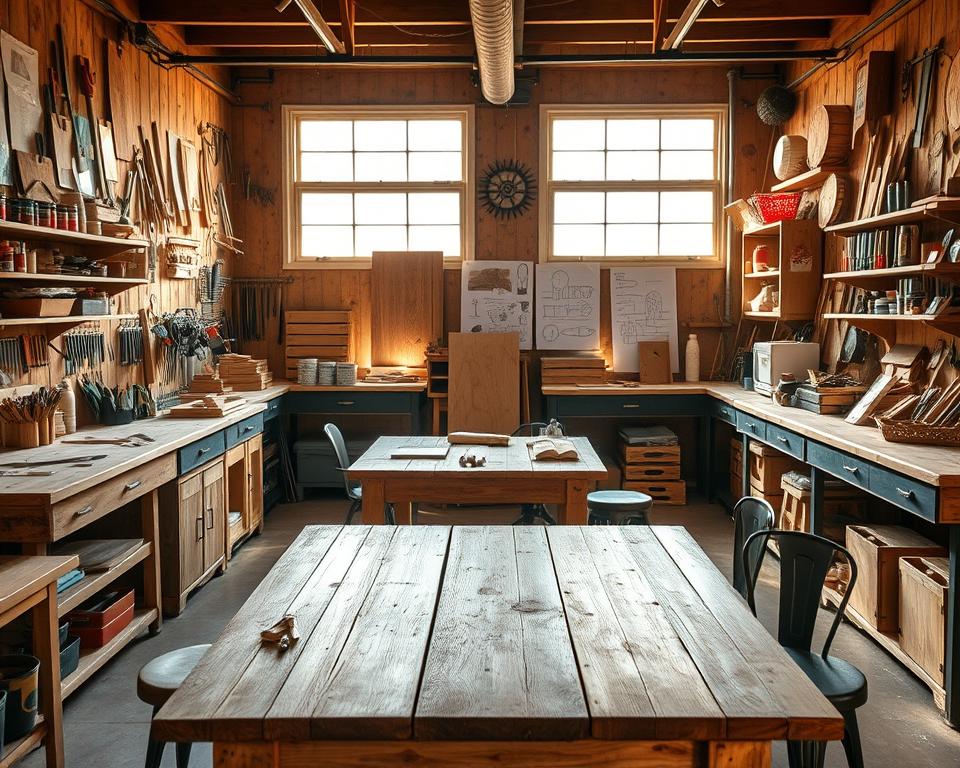 A cozy and inviting DIY workshop interior, lit by warm natural light spilling in through large windows. Wooden workbenches, shelves, and tool racks line the walls, displaying an array of hand tools, paints, and various craft supplies. Inspirational mood boards, sketches, and finished wood projects adorn the walls, providing design ideas. In the foreground, a well-worn wooden table is the centerpiece, surrounded by chairs and stools, suggesting a collaborative workspace for planning and brainstorming DIY projects. The overall atmosphere conveys a sense of creativity, resourcefulness, and a passion for hands-on, artisanal work.