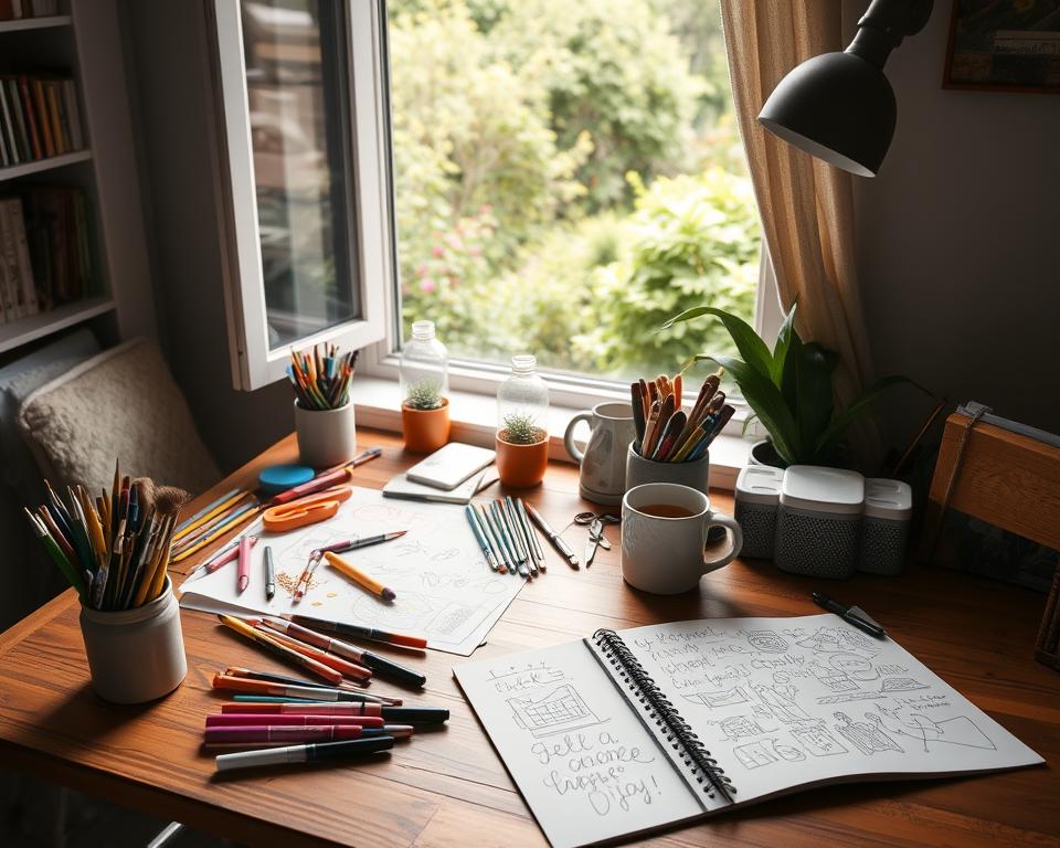 A cozy home workspace, with an open wooden desk overlooking a window that frames a tranquil garden scene. On the desk, an array of craft supplies - colorful markers, paintbrushes, scissors, and sheets of patterned paper. Nearby, a mug of steaming tea and a sketchpad filled with doodles and half-formed ideas. Soft, natural lighting filters in, casting a warm glow and inviting contemplation. The overall atmosphere is one of focused creativity and leisurely weekend inspiration, setting the stage for a productive and fulfilling crafting session.
