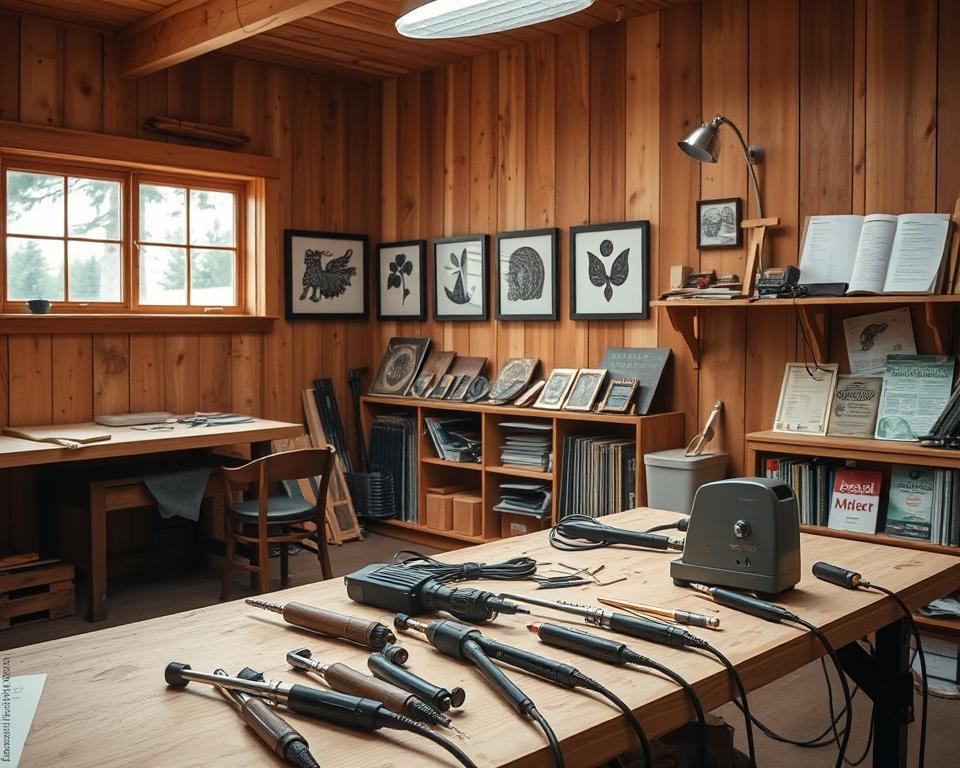 A cozy wood-paneled workshop, well-lit with natural sunlight streaming through large windows. In the foreground, a workbench showcases various wood-burning tools - soldering irons, burners, and a small pyrography machine. Arranged neatly, they convey a sense of order and safety. In the middle ground, a series of framed wood-burned art pieces hang on the walls, each with intricate designs and patterns. The background features a bookshelf filled with woodworking guides and safety manuals, emphasizing the importance of education and responsible practices. The overall atmosphere is one of focused creativity, complemented by an undercurrent of caution and attention to detail. A cozy wood-paneled workshop, well-lit with natural sunlight streaming through large windows. In the foreground, a workbench showcases various wood-burning tools - soldering irons, burners, and a small pyrography machine. Arranged neatly, they convey a sense of order and safety. In the middle ground, a series of framed wood-burned art pieces hang on the walls, each with intricate designs and patterns. The background features a bookshelf filled with woodworking guides and safety manuals, emphasizing the importance of education and responsible practices. The overall atmosphere is one of focused creativity, complemented by an undercurrent of caution and attention to detail.