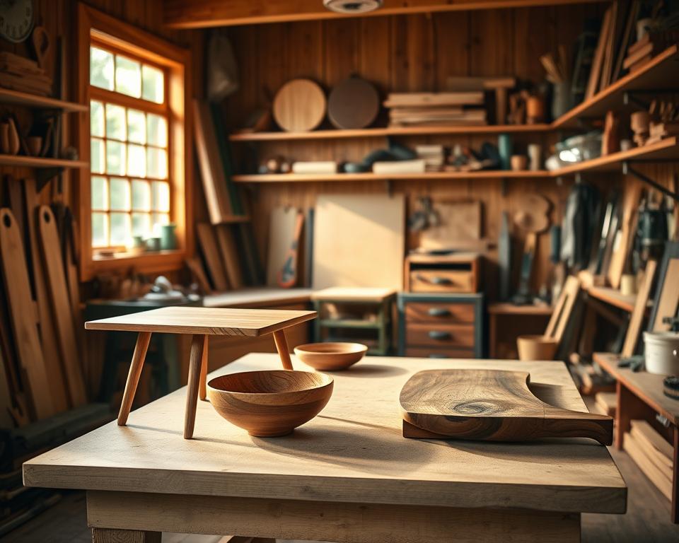 A cozy woodworking workshop, bathed in warm natural light streaming through large windows. On the central workbench, an array of finished projects - a sleek minimalist side table, a hand-carved wooden bowl, a beautiful cutting board with a rich grain pattern. Various tools and materials are neatly organized on the surrounding shelves, conveying a sense of pride and accomplishment. The scene exudes a tranquil, meditative atmosphere, inviting the viewer to imagine the process of crafting these unique, functional pieces. The camera captures the projects from a slightly elevated angle, highlighting their intricate details and the craftsmanship behind them. A cozy woodworking workshop, bathed in warm natural light streaming through large windows. On the central workbench, an array of finished projects - a sleek minimalist side table, a hand-carved wooden bowl, a beautiful cutting board with a rich grain pattern. Various tools and materials are neatly organized on the surrounding shelves, conveying a sense of pride and accomplishment. The scene exudes a tranquil, meditative atmosphere, inviting the viewer to imagine the process of crafting these unique, functional pieces. The camera captures the projects from a slightly elevated angle, highlighting their intricate details and the craftsmanship behind them.