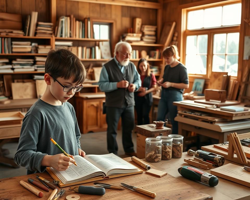 A cozy woodworking workshop, well-lit by natural light streaming through large windows. In the foreground, a young student intently studying a woodworking manual, pencil in hand, surrounded by an array of hand tools neatly organized on a workbench. In the middle ground, an experienced instructor demonstrates proper joinery techniques to a small group of learners, guiding them through the process step-by-step. In the background, shelves filled with reference books, project samples, and educational materials create a sense of a nurturing, knowledge-filled environment. The overall atmosphere is one of focused learning, hands-on exploration, and a passion for the craft of woodworking.