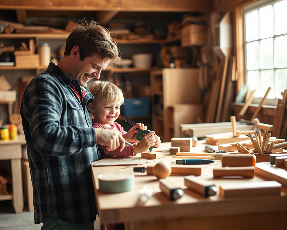 A cozy workshop filled with the sounds of laughter and creativity. In the foreground, a father and child work side by side, their hands guiding a piece of wood as they carefully shape it with a small handsaw. The middle ground showcases an array of child-sized tools and supplies, inviting young minds to explore the joy of woodworking. In the background, a bright window floods the space with warm, natural light, casting a serene glow over the scene. The atmosphere is one of shared discovery, where a parent's patience and a child's curiosity collide to produce something truly special.