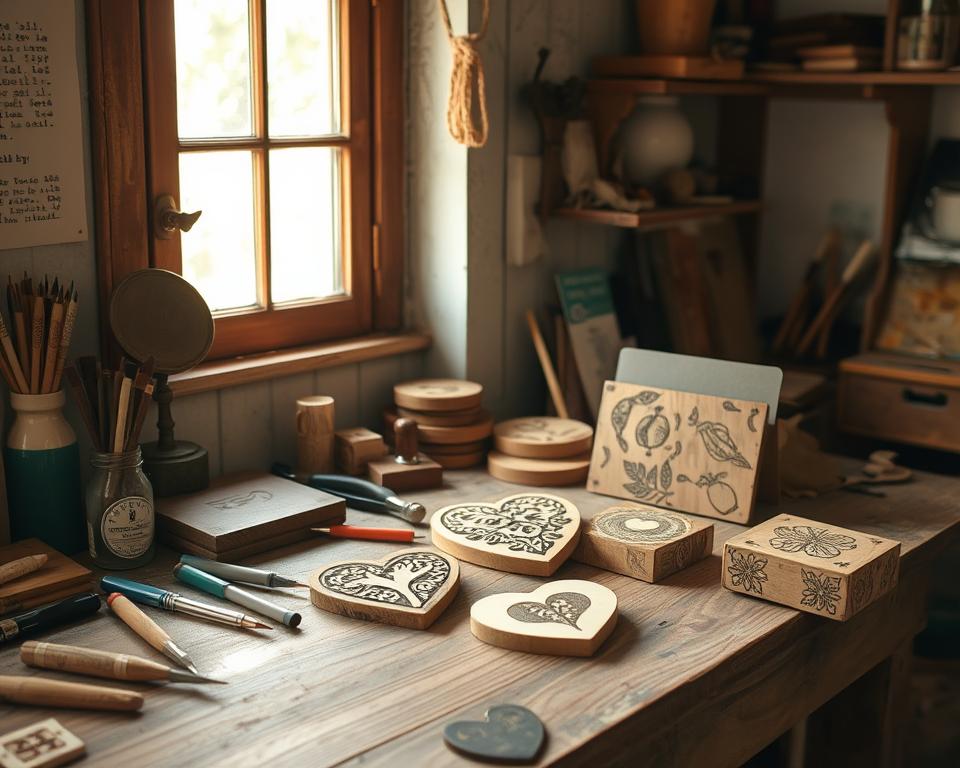 A cozy workshop with a well-worn workbench, adorned with various beginner wood-burning tools and projects in progress. Soft, natural lighting filters in through a nearby window, casting a warm glow on the scene. Intricate pyrography designs take shape on a collection of simple wooden shapes - a heart-shaped ornament, a rustic plaque, and a small decorative box. The atmosphere is one of calm, focused creativity, inviting the viewer to imagine the satisfying process of creating these charming, handmade pieces.
