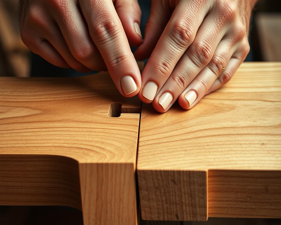 A detailed closeup view of two wooden pieces being joined together, showcasing the process of woodworking. The pieces are of a warm, rustic oak or maple, sanded to a smooth finish. Strong hands carefully align the joints, demonstrating the precise technique required. Soft, diffused lighting illuminates the intricate details, highlighting the textural grain and the skillful application of wood glue. The composition emphasizes the focus on the hands and the joining mechanism, with a clean, uncluttered background that allows the craftsmanship to shine. The overall mood is one of thoughtful concentration and the satisfaction of mastering a fundamental woodworking skill. A detailed closeup view of two wooden pieces being joined together, showcasing the process of woodworking. The pieces are of a warm, rustic oak or maple, sanded to a smooth finish. Strong hands carefully align the joints, demonstrating the precise technique required. Soft, diffused lighting illuminates the intricate details, highlighting the textural grain and the skillful application of wood glue. The composition emphasizes the focus on the hands and the joining mechanism, with a clean, uncluttered background that allows the craftsmanship to shine. The overall mood is one of thoughtful concentration and the satisfaction of mastering a fundamental woodworking skill.