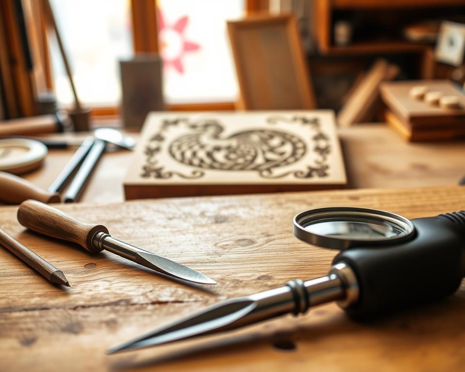 A detailed step-by-step wood engraving guide, captured in a warm, well-lit studio setting. The foreground features a wooden workbench with various engraving tools laid out neatly, including a sharp gouge, a mallet, and a magnifying glass. In the middle ground, a partially completed wood engraving project is visible, showcasing the intricate patterns and textures created by the engraving process. The background is softly blurred, allowing the viewer to focus on the craftsmanship of the engraving work. The image conveys a sense of precision, patience, and the joy of creating something unique through the time-honored technique of wood engraving. A detailed step-by-step wood engraving guide, captured in a warm, well-lit studio setting. The foreground features a wooden workbench with various engraving tools laid out neatly, including a sharp gouge, a mallet, and a magnifying glass. In the middle ground, a partially completed wood engraving project is visible, showcasing the intricate patterns and textures created by the engraving process. The background is softly blurred, allowing the viewer to focus on the craftsmanship of the engraving work. The image conveys a sense of precision, patience, and the joy of creating something unique through the time-honored technique of wood engraving.