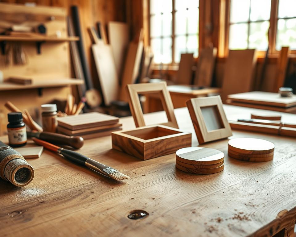 A detailed wooden workbench with various woodworking tools and materials, such as sandpaper, wood stain, and paint brushes, arranged neatly in the foreground. In the middle ground, a series of smoothly finished wooden objects, including a small box, a picture frame, and a set of coasters, showcasing the results of proper sanding, staining, and sealing techniques. The background features a warm, well-lit studio setting, with natural lighting filtering through large windows, creating a serene and inviting atmosphere. A detailed wooden workbench with various woodworking tools and materials, such as sandpaper, wood stain, and paint brushes, arranged neatly in the foreground. In the middle ground, a series of smoothly finished wooden objects, including a small box, a picture frame, and a set of coasters, showcasing the results of proper sanding, staining, and sealing techniques. The background features a warm, well-lit studio setting, with natural lighting filtering through large windows, creating a serene and inviting atmosphere.