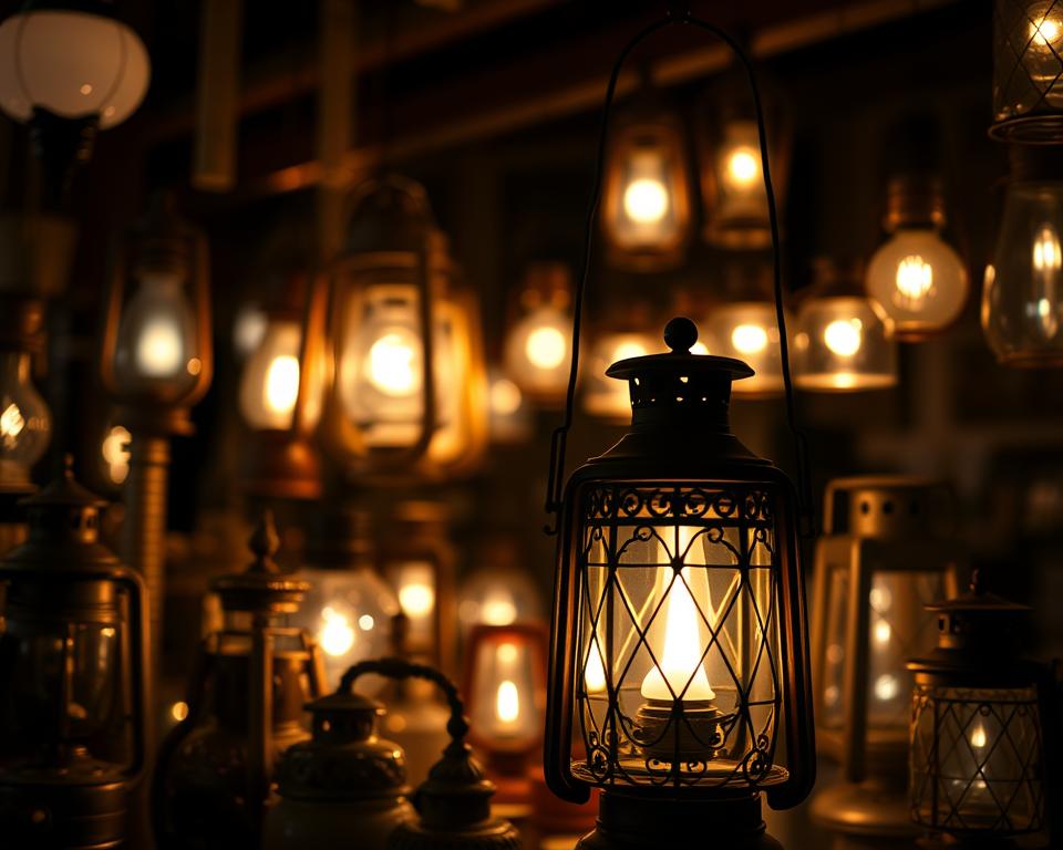 A dimly lit room filled with an assortment of antique lanterns, each casting a warm, inviting glow. In the foreground, a collection of lanterns in various shapes and sizes - from traditional oil lamps to modern LED designs. The middle ground showcases an ornate wrought-iron lantern, its intricate detailing illuminated by a soft, flickering flame. In the background, a row of lanterns hangs from the ceiling, their soft lights creating a cozy, atmospheric ambiance. The scene is captured with a shallow depth of field, drawing the viewer's attention to the intricate details and textures of the lanterns. The overall mood is one of vintage charm and a sense of timeless craftsmanship. A dimly lit room filled with an assortment of antique lanterns, each casting a warm, inviting glow. In the foreground, a collection of lanterns in various shapes and sizes - from traditional oil lamps to modern LED designs. The middle ground showcases an ornate wrought-iron lantern, its intricate detailing illuminated by a soft, flickering flame. In the background, a row of lanterns hangs from the ceiling, their soft lights creating a cozy, atmospheric ambiance. The scene is captured with a shallow depth of field, drawing the viewer's attention to the intricate details and textures of the lanterns. The overall mood is one of vintage charm and a sense of timeless craftsmanship.