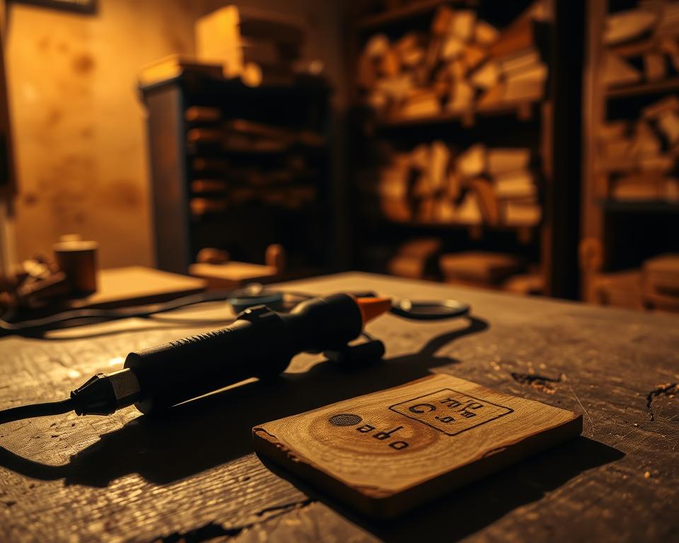 A dimly lit wood workshop, with a beginner's wood burning tool set on a workbench. The tools cast long shadows, suggesting the challenges of mastering the craft. In the foreground, a partially burned piece of wood, the uneven burn marks hinting at the learning curve. The background shows shelves of wood blocks, a reminder of the endless possibilities waiting to be explored. The scene is bathed in a warm, amber glow, creating a cozy, yet slightly intimidating atmosphere for the aspiring wood burner.