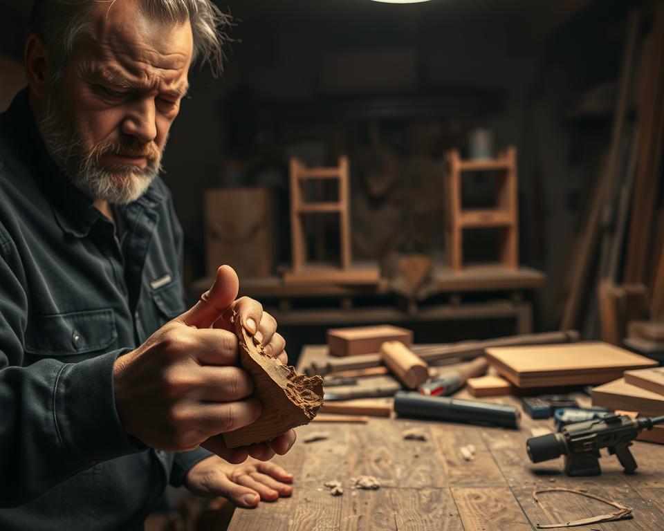 A dimly lit woodshop, tools and materials scattered across a workbench. In the foreground, a broken piece of wood and a frustrated expression on the face of a carpenter, their hands gripping the damaged material. In the middle ground, an array of partially completed projects, each with its own unique challenge - a misaligned joint, a splintered edge, a warped surface. The background fades into shadows, hinting at the complexity and unpredictability of the craft. The lighting is warm and moody, casting dramatic shadows that accentuate the textures and imperfections of the wood. The overall atmosphere conveys the sense of problem-solving and the pursuit of perfection that is inherent in woodworking.
