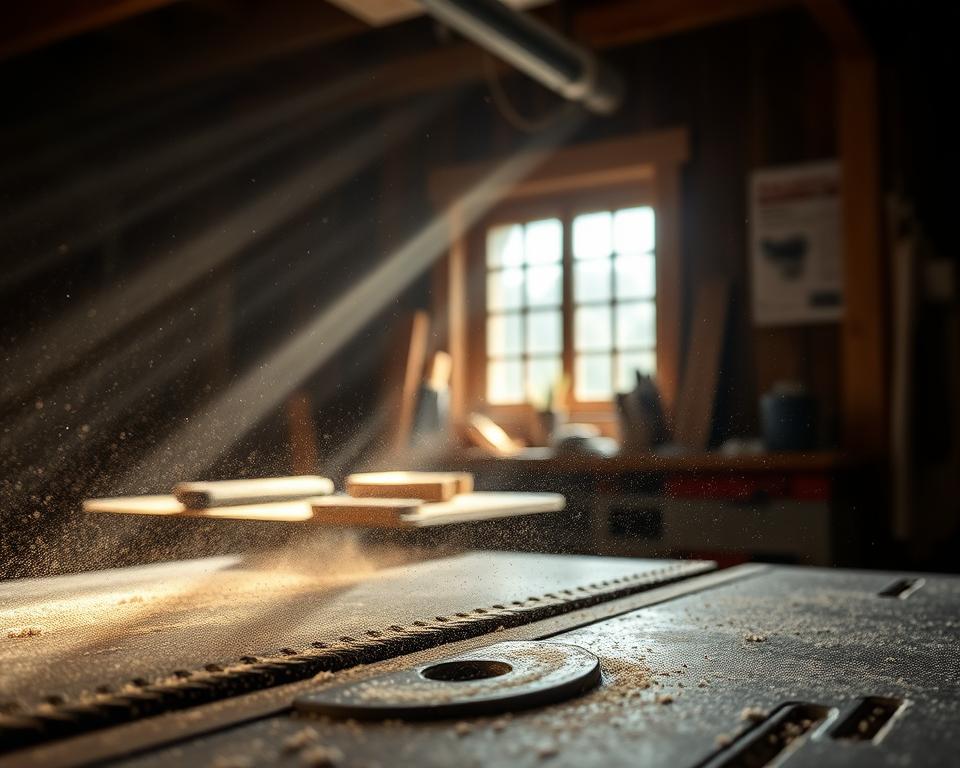 A dimly lit workshop interior, the air thick with swirling wood dust particles illuminated by shafts of soft, diffused light. In the foreground, a table saw blade emerges, its teeth coated in a fine layer of sawdust. The middle ground features various woodworking tools and equipment, their surfaces dusted with the fine powder. In the background, a partially open window reveals the outside world, hinting at the importance of proper ventilation and dust control. The overall atmosphere conveys a sense of the potential hazards associated with wood dust, emphasizing the need for caution and safety measures in the amateur woodworking environment. A dimly lit workshop interior, the air thick with swirling wood dust particles illuminated by shafts of soft, diffused light. In the foreground, a table saw blade emerges, its teeth coated in a fine layer of sawdust. The middle ground features various woodworking tools and equipment, their surfaces dusted with the fine powder. In the background, a partially open window reveals the outside world, hinting at the importance of proper ventilation and dust control. The overall atmosphere conveys a sense of the potential hazards associated with wood dust, emphasizing the need for caution and safety measures in the amateur woodworking environment.