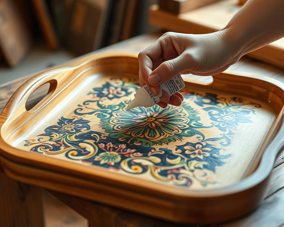A highly detailed close-up photograph of a hand carefully applying a clear protective sealant onto the surface of a beautifully painted wooden tray. The tray is placed on a wooden table or workbench, with a soft, diffused natural light illuminating the scene. The tray's intricate painted design, featuring a mix of vibrant colors and elegant patterns, is the focal point. The application of the sealant is depicted with a sense of precision and care, showcasing the process of preserving and protecting the tray's artistic finish. The overall atmosphere conveys a warm, crafty, and artisanal ambiance.