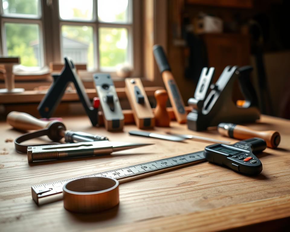 A neatly organized workspace with a variety of precision woodworking tools laid out on a wooden workbench. In the foreground, a steel tape measure, a carpenter's square, and a digital caliper rest on a surface with a subtle wood grain texture. In the middle ground, a hand saw, a chisel, and a block plane are arranged in a visually appealing manner. The background features a window with soft, natural lighting illuminating the scene, creating a warm and inviting atmosphere for a beginner's woodworking project.