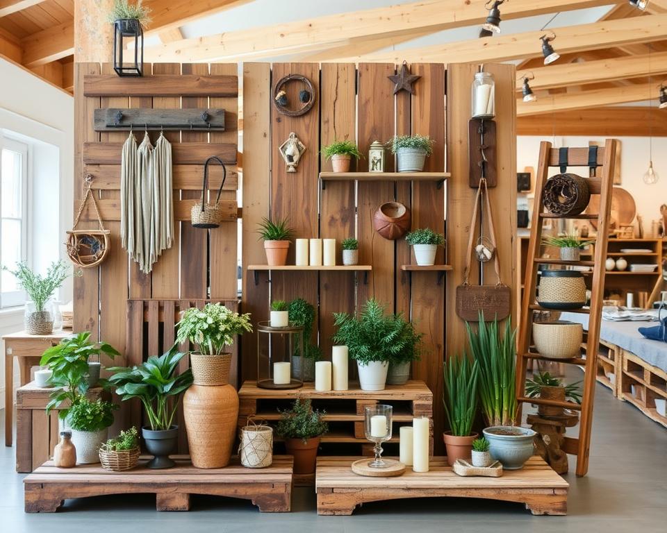 A rustic wooden pallet display showcasing an array of handcrafted home decor items. The foreground features various repurposed pallet pieces, such as a wall hanging, a shelving unit, and a decorative ladder, all arranged in a visually appealing manner. The middle ground includes potted plants, candles, and other natural accents that complement the pallet creations. The background depicts a warm, cozy interior setting with soft lighting, wooden beams, and a neutral color palette that enhances the vintage, farmhouse-inspired aesthetic. The overall composition conveys a sense of creativity, DIY spirit, and the transformative potential of reclaimed wood. A rustic wooden pallet display showcasing an array of handcrafted home decor items. The foreground features various repurposed pallet pieces, such as a wall hanging, a shelving unit, and a decorative ladder, all arranged in a visually appealing manner. The middle ground includes potted plants, candles, and other natural accents that complement the pallet creations. The background depicts a warm, cozy interior setting with soft lighting, wooden beams, and a neutral color palette that enhances the vintage, farmhouse-inspired aesthetic. The overall composition conveys a sense of creativity, DIY spirit, and the transformative potential of reclaimed wood.