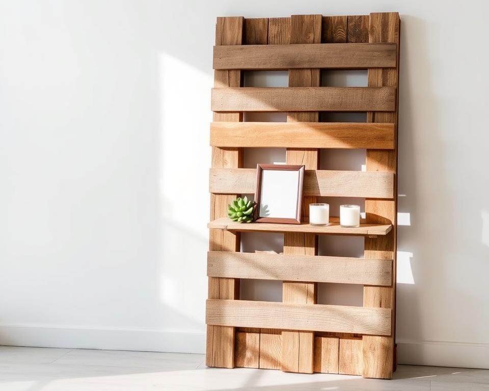 A rustic wooden pallet, weathered and distressed, standing vertically against a plain white wall. The pallet has been carefully curated with an assortment of decorative elements - a lush green succulent plant, a small framed mirror, and a set of candles in various sizes and shapes. Soft, natural lighting illuminates the scene, casting gentle shadows and highlighting the unique textures of the wood. The overall composition exudes a sense of effortless elegance and a touch of industrial charm, perfectly complementing the "Enhancing Aesthetic Appeal with Wood Pallets" theme. A rustic wooden pallet, weathered and distressed, standing vertically against a plain white wall. The pallet has been carefully curated with an assortment of decorative elements - a lush green succulent plant, a small framed mirror, and a set of candles in various sizes and shapes. Soft, natural lighting illuminates the scene, casting gentle shadows and highlighting the unique textures of the wood. The overall composition exudes a sense of effortless elegance and a touch of industrial charm, perfectly complementing the "Enhancing Aesthetic Appeal with Wood Pallets" theme.