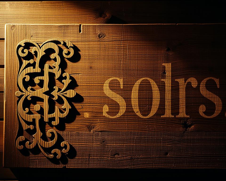 A rustic wooden sign with natural, weathered textures and vintage-inspired patterns. The foreground features an intricate, hand-carved design of overlapping geometric shapes and organic flourishes, with a lightly distressed finish. The middle ground showcases the grain and knots of the reclaimed wood planks, bathed in warm, directional lighting that casts soft shadows. In the background, a subdued, earthy color palette complements the rustic aesthetic, creating an atmospheric, timeless scene. The overall composition exudes a sense of handcrafted charm and timeless charm, reflecting the character of scrap wood crafts.