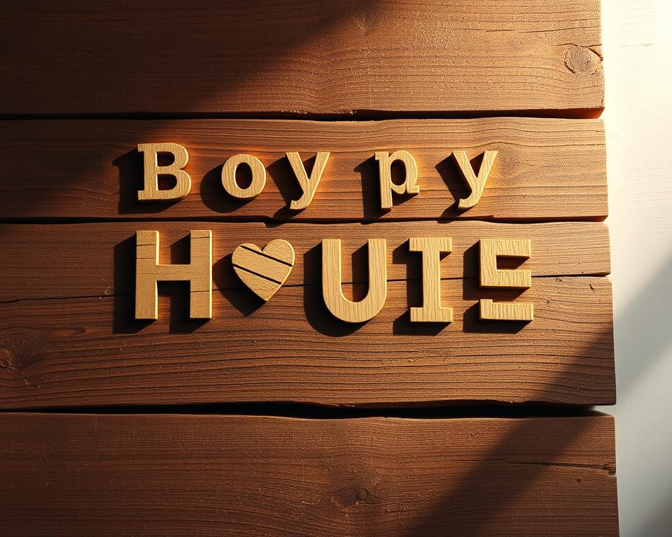 A rustic wooden surface, weathered and textured, with individual hand-carved letters and symbols arranged in a charming, personalized layout. The lighting is soft and warm, casting gentle shadows that accentuate the natural grain and imperfections of the wood. The composition features a balanced, asymmetrical arrangement, with the personalized elements taking center stage. The overall mood is cozy, inviting, and evocative of a homemade, DIY aesthetic suitable for a charming, rustic home decor piece.