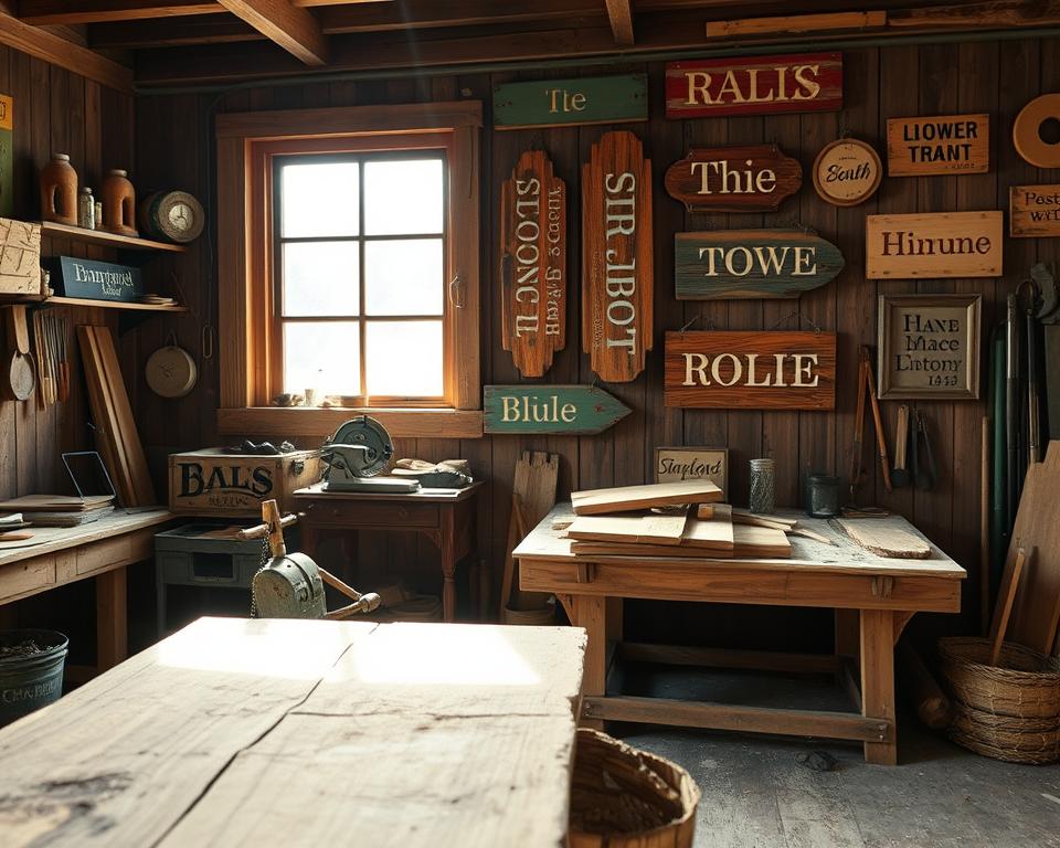 A rustic wooden workshop, sunlight streaming through a window, illuminating a workbench cluttered with various tools and pieces of reclaimed wood. In the foreground, a weathered plank is being carefully sanded, its grain revealed. On the wall, an assortment of hand-painted wooden signs hang, each one unique and charming. The middle ground showcases a collection of tools, including a vintage jigsaw and a box of nails, hinting at the process of transforming these humble materials into creative, one-of-a-kind artworks. The background is softly blurred, emphasizing the focus on the upcycling process and the resulting signs.