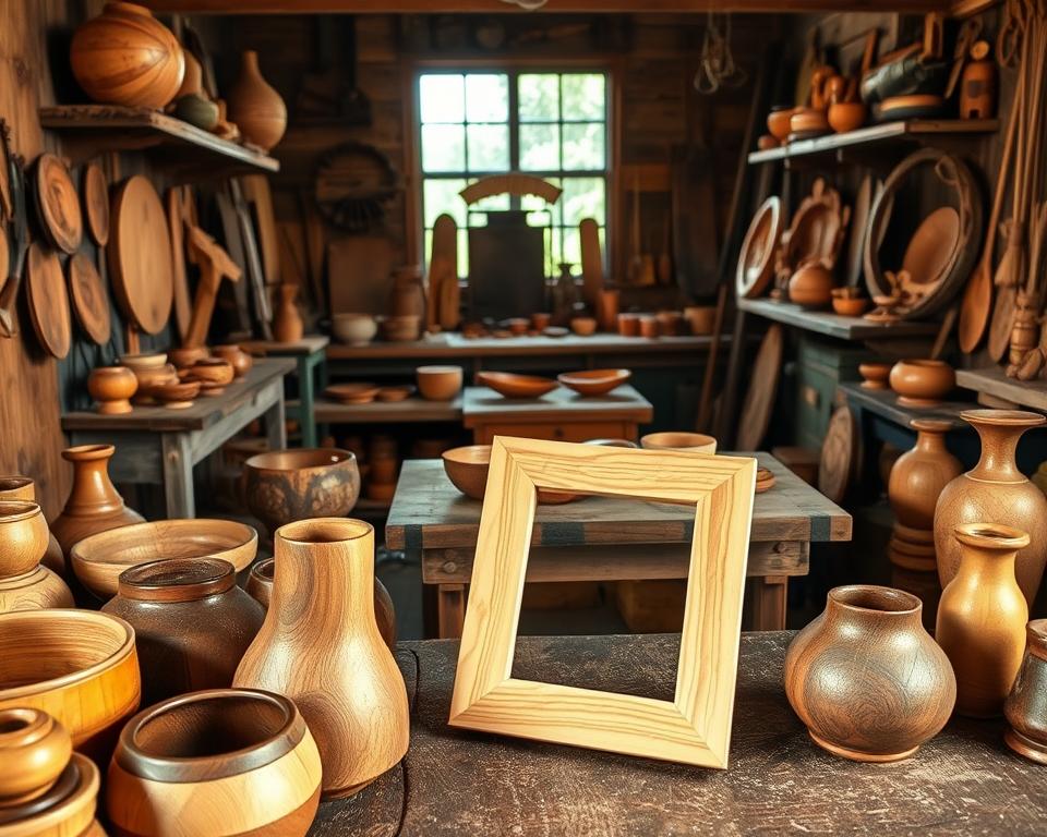 A rustic wooden workspace, filled with an array of handcrafted wooden items. In the foreground, a collection of wooden bowls, vases, and decorative pieces, each with unique textures and grain patterns. In the middle ground, a sturdy workbench showcases a handmade wooden picture frame, its edges smoothed and polished. In the background, a cozy studio setting, with natural lighting filtering through a large window, casting a warm glow on the wooden objects. The overall atmosphere is one of craftsmanship, simplicity, and a connection to the natural world.