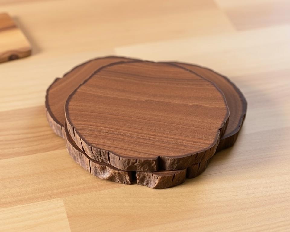 A set of rustic, handcrafted coasters made from reclaimed wood, arranged neatly on a natural wooden surface. The coasters have a rough, textured appearance, with visible wood grain and slight imperfections that add character. A warm, soft lighting illuminates the set, casting gentle shadows and highlighting the unique details of each piece. The composition places the coasters in the foreground, with a simple, uncluttered background that allows the craftsmanship to take center stage. The overall mood is one of warmth, authenticity, and a connection to nature. A set of rustic, handcrafted coasters made from reclaimed wood, arranged neatly on a natural wooden surface. The coasters have a rough, textured appearance, with visible wood grain and slight imperfections that add character. A warm, soft lighting illuminates the set, casting gentle shadows and highlighting the unique details of each piece. The composition places the coasters in the foreground, with a simple, uncluttered background that allows the craftsmanship to take center stage. The overall mood is one of warmth, authenticity, and a connection to nature.
