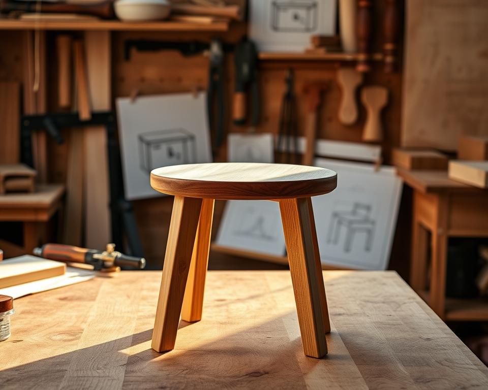 A simple, elegant wooden stool with a slatted seat and tapered legs, illuminated by warm natural lighting. The stool is the focal point, positioned on a wooden workbench against a backdrop of various woodworking tools, materials, and project sketches. The composition conveys a sense of craftsmanship, creativity, and the rewarding process of DIY woodworking. Subtle shadows and depth of field create a sense of depth and perspective, drawing the viewer's attention to the stool's refined design and construction.