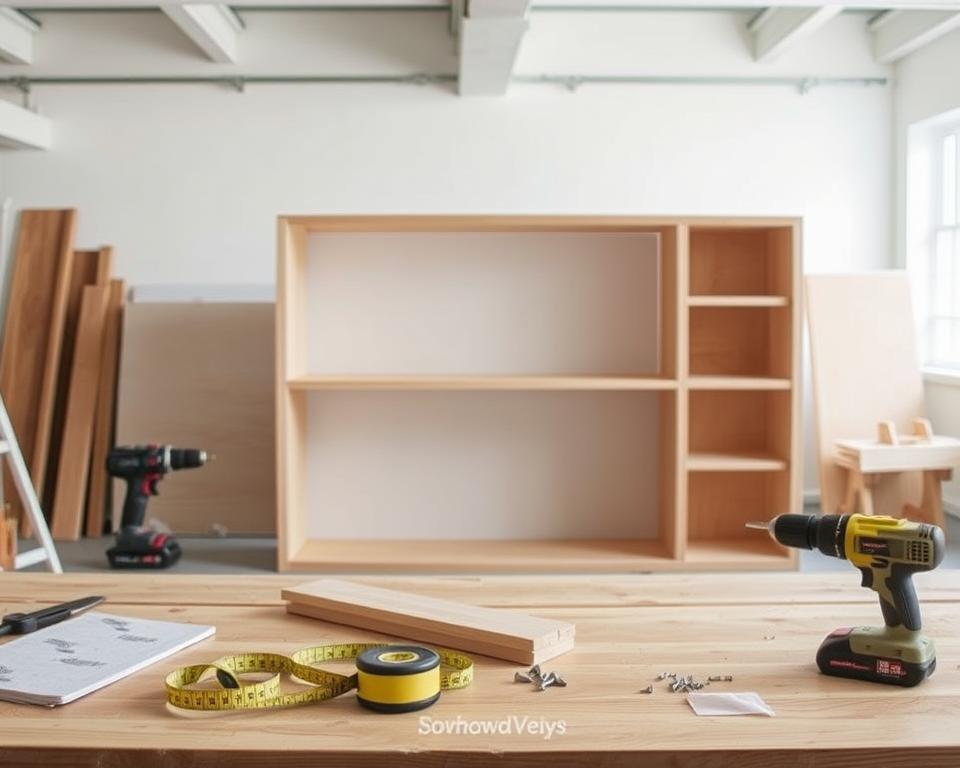 A step-by-step guide to building basic wood shelves, presented in a clean, minimalist style. In the foreground, a wooden workbench with various tools and materials - sandpaper, measuring tape, drill, screws, and raw wood planks. In the middle ground, a partially constructed shelf unit, showcasing the assembly process. The background is a bright, airy studio space with natural lighting, emphasizing the DIY nature of the project. The overall mood is one of simplicity, functionality, and approachability, inspiring viewers to tackle this straightforward woodworking project.