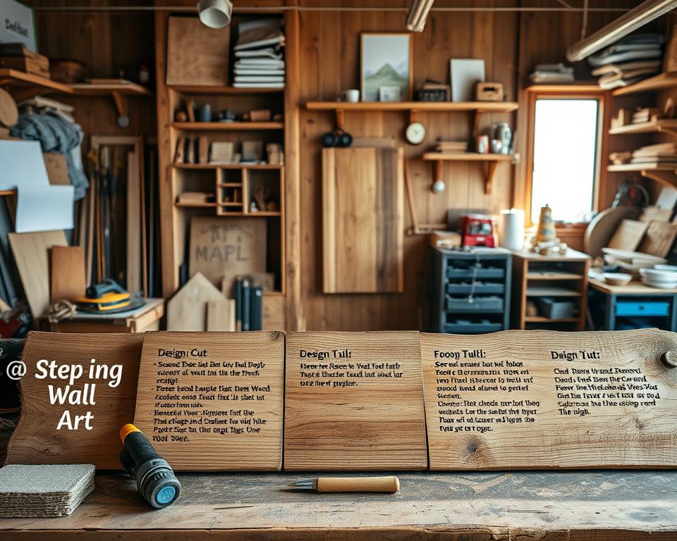 A step-by-step wooden wall art guide, showcasing the intricate process of crafting a rustic, handmade piece. In the foreground, a well-lit workbench displays various woodworking tools, including a saw, sandpaper, and a wood-burning tool. Detailed instructions are presented on a series of weathered, wooden planks, guiding the viewer through the stages of design, cutting, and finishing. The middle ground features a partially completed wall art piece, with a warm, natural grain and a distressed finish. In the background, a cozy, sunlit workshop setting, with wooden shelves displaying an array of finished projects and inspirational materials. The overall atmosphere conveys a sense of handcrafted authenticity, inviting the viewer to embark on their own artistic wooden wall art journey. A step-by-step wooden wall art guide, showcasing the intricate process of crafting a rustic, handmade piece. In the foreground, a well-lit workbench displays various woodworking tools, including a saw, sandpaper, and a wood-burning tool. Detailed instructions are presented on a series of weathered, wooden planks, guiding the viewer through the stages of design, cutting, and finishing. The middle ground features a partially completed wall art piece, with a warm, natural grain and a distressed finish. In the background, a cozy, sunlit workshop setting, with wooden shelves displaying an array of finished projects and inspirational materials. The overall atmosphere conveys a sense of handcrafted authenticity, inviting the viewer to embark on their own artistic wooden wall art journey.