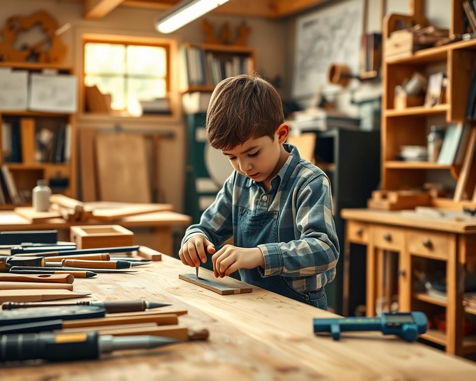 A vibrant and educational woodworking scene, captured in a warm, natural light. In the foreground, a young learner carefully measures and marks a piece of wood, guided by a mentor's hands. The middle ground showcases an array of tools - from chisels and sandpaper to digital calipers - representing the intersection of traditional craftsmanship and modern STEM principles. In the background, a well-stocked workshop with shelves of books and blueprints, hinting at the wealth of knowledge and problem-solving skills inherent in the art of woodworking. The overall atmosphere is one of curiosity, discovery, and the joyful pursuit of hands-on learning. A vibrant and educational woodworking scene, captured in a warm, natural light. In the foreground, a young learner carefully measures and marks a piece of wood, guided by a mentor's hands. The middle ground showcases an array of tools - from chisels and sandpaper to digital calipers - representing the intersection of traditional craftsmanship and modern STEM principles. In the background, a well-stocked workshop with shelves of books and blueprints, hinting at the wealth of knowledge and problem-solving skills inherent in the art of woodworking. The overall atmosphere is one of curiosity, discovery, and the joyful pursuit of hands-on learning.
