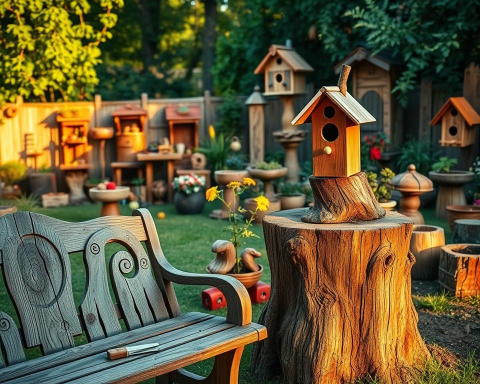 A vibrant backyard filled with a variety of creative woodworking projects. In the foreground, a weathered wooden bench adorned with intricate carvings, inviting visitors to sit and admire the surrounding scene. In the middle ground, a quirky birdhouse perched atop a repurposed tree stump, its unique design blending seamlessly with the natural landscape. The background showcases a stunning array of handcrafted planters, birdhouses, and garden structures, each showcasing the homeowner's woodworking skills and love for nature. Warm, golden lighting filters through the lush foliage, casting a cozy and inviting atmosphere. The overall composition exudes a sense of tranquility and inspiration, capturing the essence of a backyard oasis where creativity and relaxation converge. A vibrant backyard filled with a variety of creative woodworking projects. In the foreground, a weathered wooden bench adorned with intricate carvings, inviting visitors to sit and admire the surrounding scene. In the middle ground, a quirky birdhouse perched atop a repurposed tree stump, its unique design blending seamlessly with the natural landscape. The background showcases a stunning array of handcrafted planters, birdhouses, and garden structures, each showcasing the homeowner's woodworking skills and love for nature. Warm, golden lighting filters through the lush foliage, casting a cozy and inviting atmosphere. The overall composition exudes a sense of tranquility and inspiration, capturing the essence of a backyard oasis where creativity and relaxation converge.