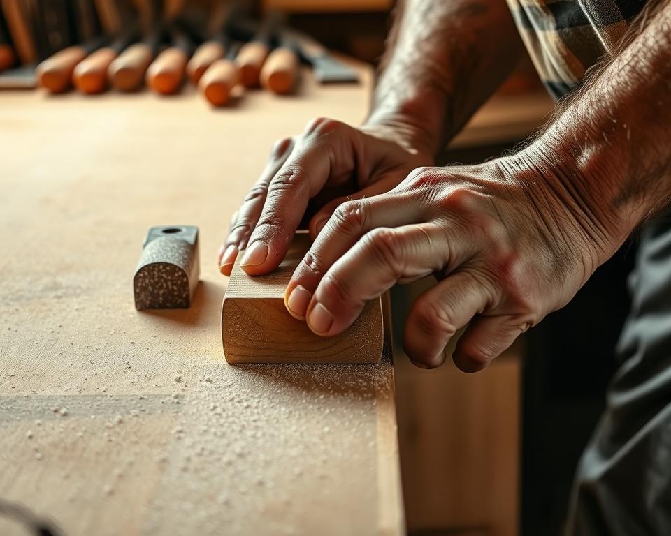 A weathered carpenter's hands carefully guiding a wooden block along the edge of a freshly sanded surface, sparks of fine sawdust drifting in the soft, diffused light. The workbench is lined with an array of sanding tools, from coarse to fine-grit, reflecting the meticulous process of refining the edges to a smooth, flawless finish. The scene is captured in a warm, earthy palette, conveying the tactile and methodical nature of this essential woodworking technique. The angle emphasizes the delicate, almost meditative movements, highlighting the skilled craftsmanship required to achieve the perfect finishing touches. A weathered carpenter's hands carefully guiding a wooden block along the edge of a freshly sanded surface, sparks of fine sawdust drifting in the soft, diffused light. The workbench is lined with an array of sanding tools, from coarse to fine-grit, reflecting the meticulous process of refining the edges to a smooth, flawless finish. The scene is captured in a warm, earthy palette, conveying the tactile and methodical nature of this essential woodworking technique. The angle emphasizes the delicate, almost meditative movements, highlighting the skilled craftsmanship required to achieve the perfect finishing touches.