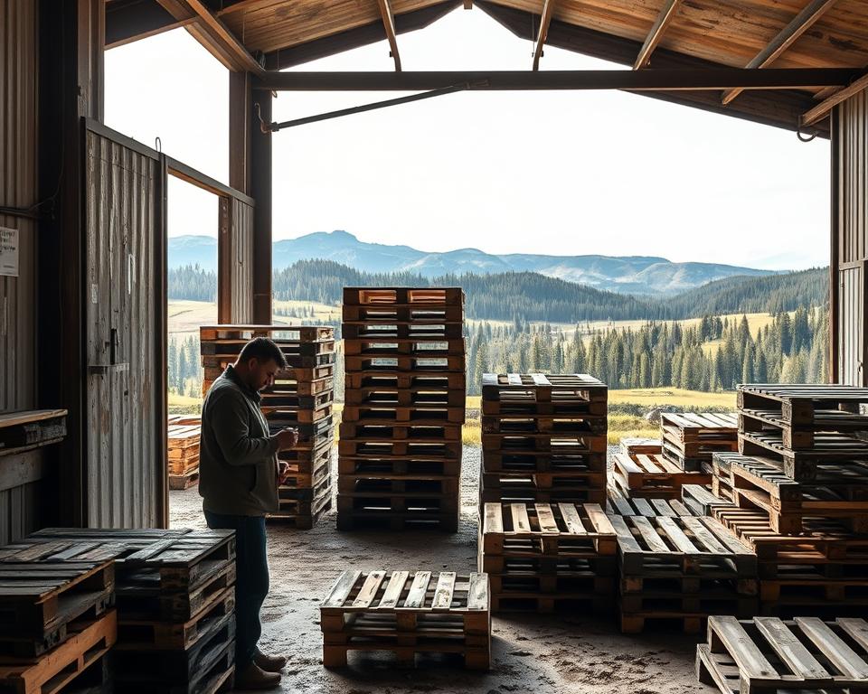 A weathered pallet warehouse in rural Canada, sunlight streaming through the open loading bay doors. In the foreground, a worker carefully selects and inspects wooden pallets, their hands calloused from years of this artisanal craft. The middle ground reveals stacks of pallets in various states of wear, some freshly minted, others weathered by the elements. In the background, a picturesque landscape of rolling hills and dense pine forests, hinting at the abundant natural resources that make Canada a prime location for sourcing pallet wood. The overall scene conveys a sense of rugged craftsmanship, resourcefulness, and a connection to the land.