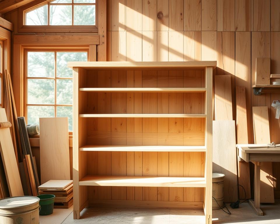 A well-crafted bookshelf in a cozy, sun-dappled workshop. Warm wooden planks, smoothed and sanded, arranged in a simple, elegant design. Crisp edges, clean lines, and a sturdy, functional structure. Soft, natural lighting from large windows casts a gentle glow, highlighting the natural grain and texture of the wood. The bookshelf stands as a testament to the satisfaction of crafting something useful with one's own hands. A sense of pride and accomplishment emanates from this humble, handmade creation.