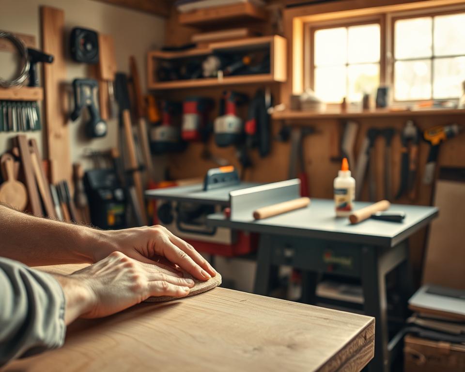 A well-lit and cozy workshop filled with various woodworking tools and materials. In the foreground, a craftsman's hands gently sanding a smooth wooden surface, the process evoking a sense of care and attention to detail. In the middle ground, a table saw, chisels, and a glue bottle sit neatly organized, ready for the next project. The background showcases a wall of neatly arranged power tools, a window letting in warm, natural light that bathes the scene in a soft, inviting glow. The overall atmosphere exudes a peaceful, focused energy, reflecting the importance of proper maintenance and care for one's woodworking projects.