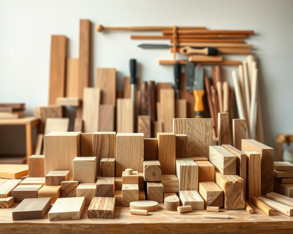 A well-lit and detailed tabletop display showcasing various types of wood suitable for children's projects. The foreground features an assortment of wooden blocks, planks, and dowels in a range of natural hues and grains, arranged in a visually appealing composition. The middle ground includes hand tools like chisels, saws, and sandpaper, suggesting the process of crafting with these materials. The background depicts a clean, minimalist studio setting with soft, diffused lighting that accentuates the textures and warmth of the wood. The overall mood is educational, inspiring, and accessible, encouraging young makers to explore the versatility of different woods for their DIY endeavors. A well-lit and detailed tabletop display showcasing various types of wood suitable for children's projects. The foreground features an assortment of wooden blocks, planks, and dowels in a range of natural hues and grains, arranged in a visually appealing composition. The middle ground includes hand tools like chisels, saws, and sandpaper, suggesting the process of crafting with these materials. The background depicts a clean, minimalist studio setting with soft, diffused lighting that accentuates the textures and warmth of the wood. The overall mood is educational, inspiring, and accessible, encouraging young makers to explore the versatility of different woods for their DIY endeavors.
