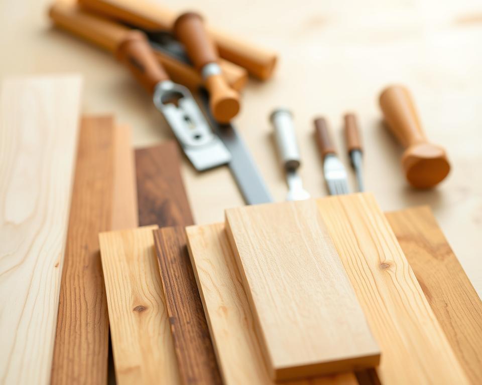 A well-lit, close-up photograph of an assortment of common woodworking materials on a clean, neutral background. The foreground features various wood samples, including softwoods like pine and hardwoods like oak, maple, and cherry, showcasing their distinct grains, colors, and textures. In the middle ground, hand tools like chisels, planes, and saws are neatly arranged, highlighting their purpose and importance in woodworking. The background is slightly blurred, emphasizing the focus on the materials. The overall mood is one of informative clarity, guiding the viewer through the key elements of choosing the right wood for their woodworking projects. A well-lit, close-up photograph of an assortment of common woodworking materials on a clean, neutral background. The foreground features various wood samples, including softwoods like pine and hardwoods like oak, maple, and cherry, showcasing their distinct grains, colors, and textures. In the middle ground, hand tools like chisels, planes, and saws are neatly arranged, highlighting their purpose and importance in woodworking. The background is slightly blurred, emphasizing the focus on the materials. The overall mood is one of informative clarity, guiding the viewer through the key elements of choosing the right wood for their woodworking projects.