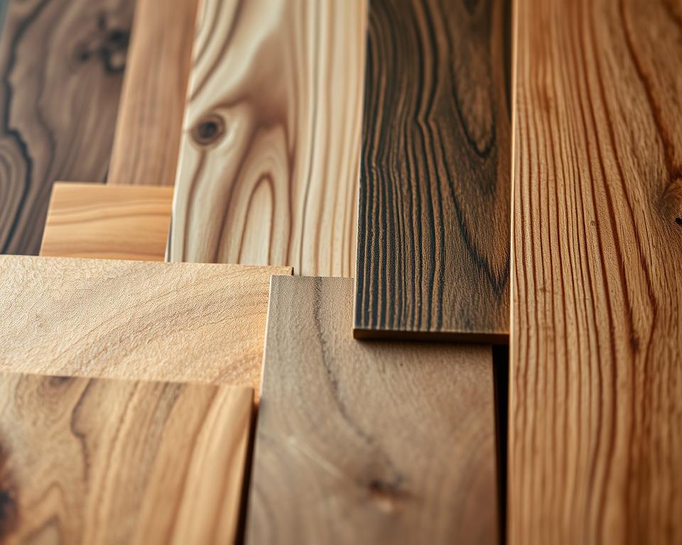 A well-lit close-up shot of various wood finishes and textures, including smooth polished oak, rugged weathered pine, and subtly grained maple. The foreground features an array of wood samples in different tones and grains, arranged in an artful still life composition. The middle ground showcases the varied surfaces and natural patterns of the wood, with highlights and shadows accentuating the depth and tactile quality. The background is softly blurred, allowing the focus to remain on the intricate details and the rich, organic beauty of the materials. The overall mood is one of warm, rustic elegance, conveying the craftsmanship and durability of high-quality woodworking.