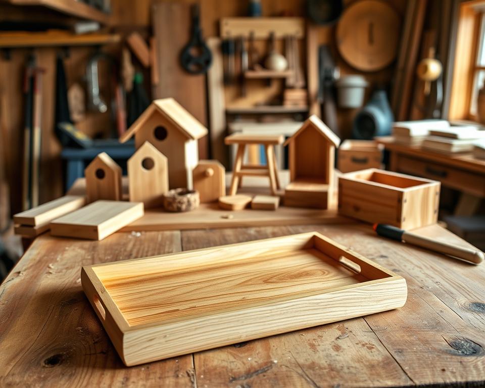 A well-lit, detailed scene showcasing a selection of beginner woodworking projects on a rustic wooden workbench. In the foreground, a handcrafted wooden tray with a simple, elegant design takes center stage. In the middle ground, a variety of beginner-friendly projects are displayed, such as a simple birdhouse, a small side table, and a basic box or container. The background features a warm, natural-looking workshop environment, with tools, sawdust, and other woodworking supplies visible, creating a sense of a creative, productive space. The overall mood is one of inspiration and approachability, inviting the viewer to consider their own potential for creating functional, handmade wooden pieces.
