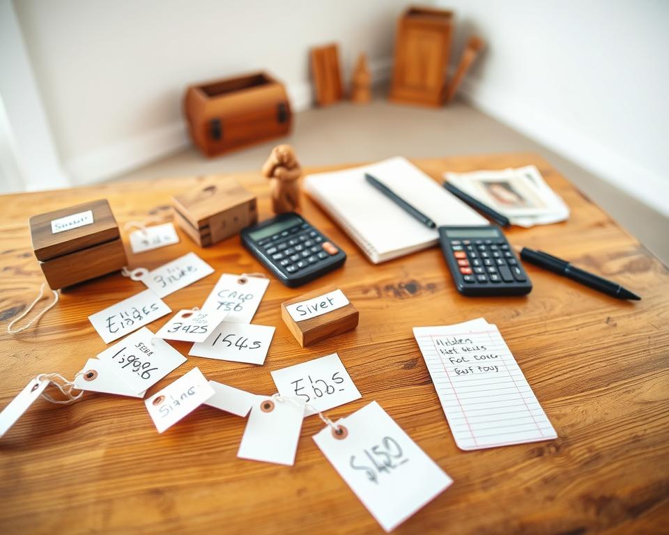 A well-lit, high-angle photograph of a wooden tabletop displaying various pricing tags, stickers, and handwritten labels. The foreground features an assortment of wooden objects, such as a small box, a carved figurine, and a set of coasters, each with a clearly visible price tag. The middle ground showcases a calculator, a notebook, and a pen, suggesting the process of calculating and recording pricing. The background blurs into a minimalist, clean workspace with neutral-colored walls, creating a sense of professionalism and attention to detail. The overall scene conveys a thoughtful approach to pricing handcrafted woodworking items, reflecting the subject of the article's section on "Pricing Your Wood Projects Fairly".