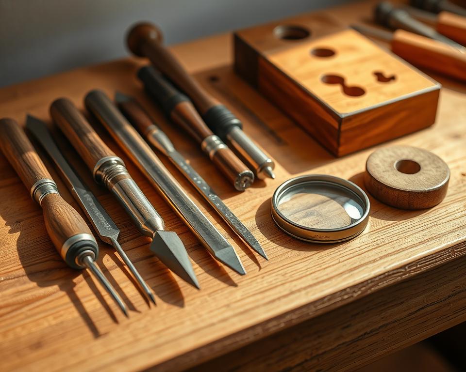 A well-lit, high-resolution close-up photograph of a selection of traditional wood engraving tools arranged neatly on a wooden workbench. The tools include a set of fine-tipped engraving chisels, a small mallet, a magnifying glass, and a woodblock. The tools are positioned to showcase their intricate details and craftsmanship, with a warm, natural lighting that casts subtle shadows, emphasizing their textures and forms. The background is a clean, uncluttered workspace, allowing the tools to be the focal point of the image. A well-lit, high-resolution close-up photograph of a selection of traditional wood engraving tools arranged neatly on a wooden workbench. The tools include a set of fine-tipped engraving chisels, a small mallet, a magnifying glass, and a woodblock. The tools are positioned to showcase their intricate details and craftsmanship, with a warm, natural lighting that casts subtle shadows, emphasizing their textures and forms. The background is a clean, uncluttered workspace, allowing the tools to be the focal point of the image.