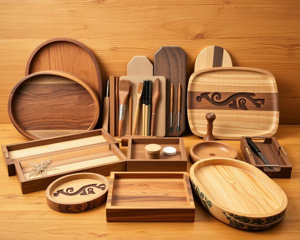 A well-lit, high-resolution image showcasing a variety of unique DIY wooden tray projects. In the foreground, multiple handcrafted trays in different shapes, sizes, and wood finishes are elegantly arranged, highlighting their intricate designs and textures. In the middle ground, a selection of carving tools, brushes, and finishing materials are neatly displayed, suggesting the creative process behind these projects. The background features a warm, rustic wooden surface, complementing the natural aesthetic of the trays. The overall scene conveys a sense of craftsmanship, creativity, and inspiration for readers interested in making their own distinctive wooden trays.
