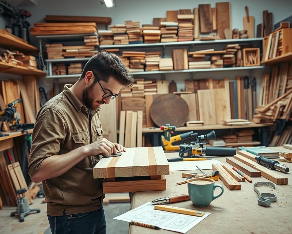 A well-lit, modern DIY woodworking workshop filled with various power tools, hand saws, chisels, and a variety of lumber. In the foreground, a person is meticulously sanding a wooden project, their face focused and determined. The middle ground showcases a workbench cluttered with sketches, measuring tapes, and a cup of freshly brewed coffee, suggesting a creative, productive environment. The background features shelves stocked with an array of wood types, stains, and finished projects, hinting at the endless possibilities and sense of accomplishment in this burgeoning DIY trend. The overall atmosphere is one of focus, innovation, and the joy of crafting something with one's own hands.