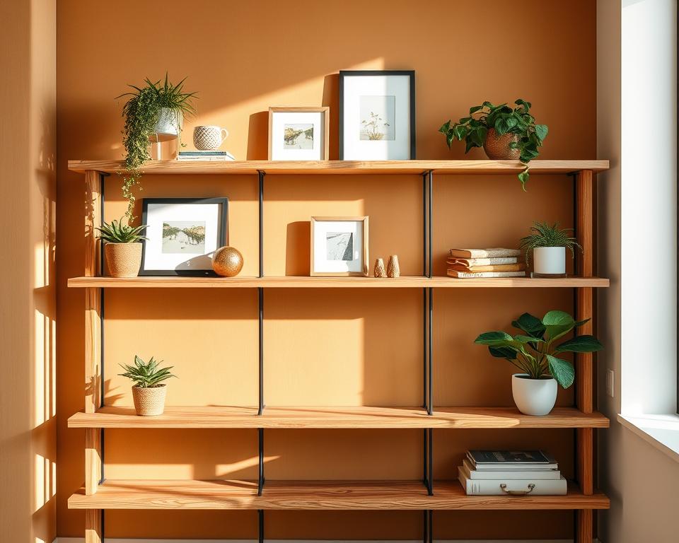 A well-lit, natural-toned scene of a DIY wood shelving unit made from sustainably sourced timber, textured with visible wood grain. The shelves are arranged in a simple, minimalist layout, showcasing various home decor items like potted plants, framed art, and small decorative objects. Soft shadows cast by the directional lighting create depth and dimension. The background features a warm, earthy-toned wall, complementing the rustic aesthetic. The camera angle is slightly elevated, providing an inviting, aspirational perspective of the carefully curated, eco-friendly shelving display.