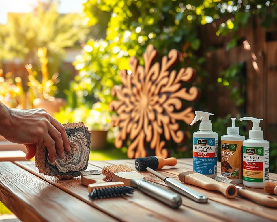 A well-lit outdoor scene showcasing the maintenance of a wooden wall art piece. In the foreground, a person gently sanding the surface of the artwork, removing any weathered or uneven areas. Behind them, an array of wood care tools and supplies laid out neatly - brushes, sealants, and a wood conditioner. The middle ground features the wooden wall art, its intricate design and natural grain visible. In the background, a lush garden or backyard setting, with verdant foliage and warm sunlight filtering through. The overall atmosphere is one of care, attention to detail, and a respect for the beauty of outdoor wooden crafts. A well-lit outdoor scene showcasing the maintenance of a wooden wall art piece. In the foreground, a person gently sanding the surface of the artwork, removing any weathered or uneven areas. Behind them, an array of wood care tools and supplies laid out neatly - brushes, sealants, and a wood conditioner. The middle ground features the wooden wall art, its intricate design and natural grain visible. In the background, a lush garden or backyard setting, with verdant foliage and warm sunlight filtering through. The overall atmosphere is one of care, attention to detail, and a respect for the beauty of outdoor wooden crafts.
