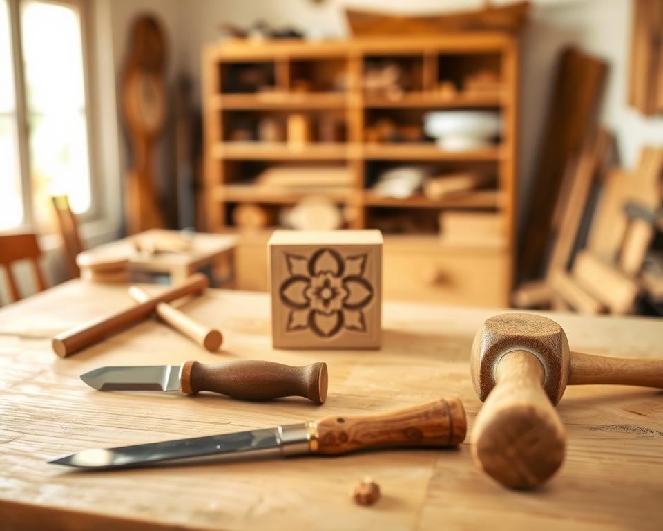 A well-lit, softly-focused image of a beginner's wood carving workstation. In the foreground, a set of basic carving tools - a sharp whittling knife, a detail gouge, and a small mallet - arranged neatly on a clean wooden surface. In the middle ground, a partially carved wooden block takes shape, the initial stages of a simple floral or geometric design emerging. The background is blurred, revealing a cozy, inviting studio space with natural light filtering in through a large window, casting a warm, golden glow across the scene. The overall mood is one of tranquility, focus, and the pleasure of hands-on craftsmanship.