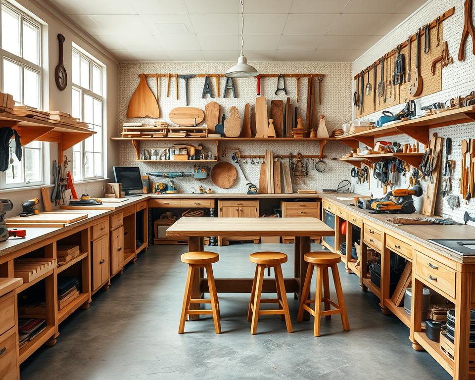 A well-lit, spacious woodworking workshop with natural lighting filtering through large windows. Workbenches and shelves line the walls, neatly organized with various hand tools, power tools, and an assortment of wood samples. In the center, a sturdy, clean workbench serves as the focal point, surrounded by a few ergonomic, wooden stools. The floor is covered in durable, easy-to-clean tiles, and the walls are adorned with pegboards displaying essential instruments. The overall atmosphere is one of calm focus, with a touch of rustic charm, inviting the viewer to immerse themselves in the art of woodworking. A well-lit, spacious woodworking workshop with natural lighting filtering through large windows. Workbenches and shelves line the walls, neatly organized with various hand tools, power tools, and an assortment of wood samples. In the center, a sturdy, clean workbench serves as the focal point, surrounded by a few ergonomic, wooden stools. The floor is covered in durable, easy-to-clean tiles, and the walls are adorned with pegboards displaying essential instruments. The overall atmosphere is one of calm focus, with a touch of rustic charm, inviting the viewer to immerse themselves in the art of woodworking.