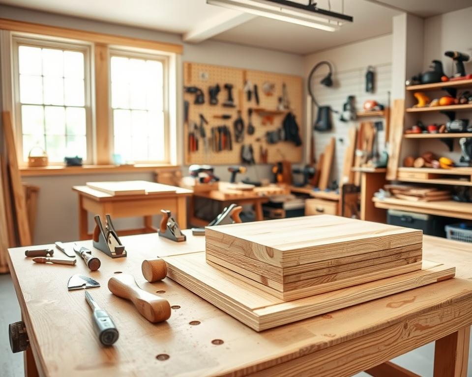 A well-lit, spacious woodworking workshop. In the foreground, a sturdy workbench with various hand tools neatly arranged - chisels, saws, planes, and a mallet. On the workbench, a stack of freshly planed boards in varying shades of oak, ready for the next stage of construction. The middle ground features a pegboard wall with an assortment of power tools, including a drill, jigsaw, and orbital sander. In the background, large windows allow natural light to flood the space, casting a warm, inviting glow. The overall atmosphere conveys a sense of focus, organization, and the excitement of a new woodworking project.