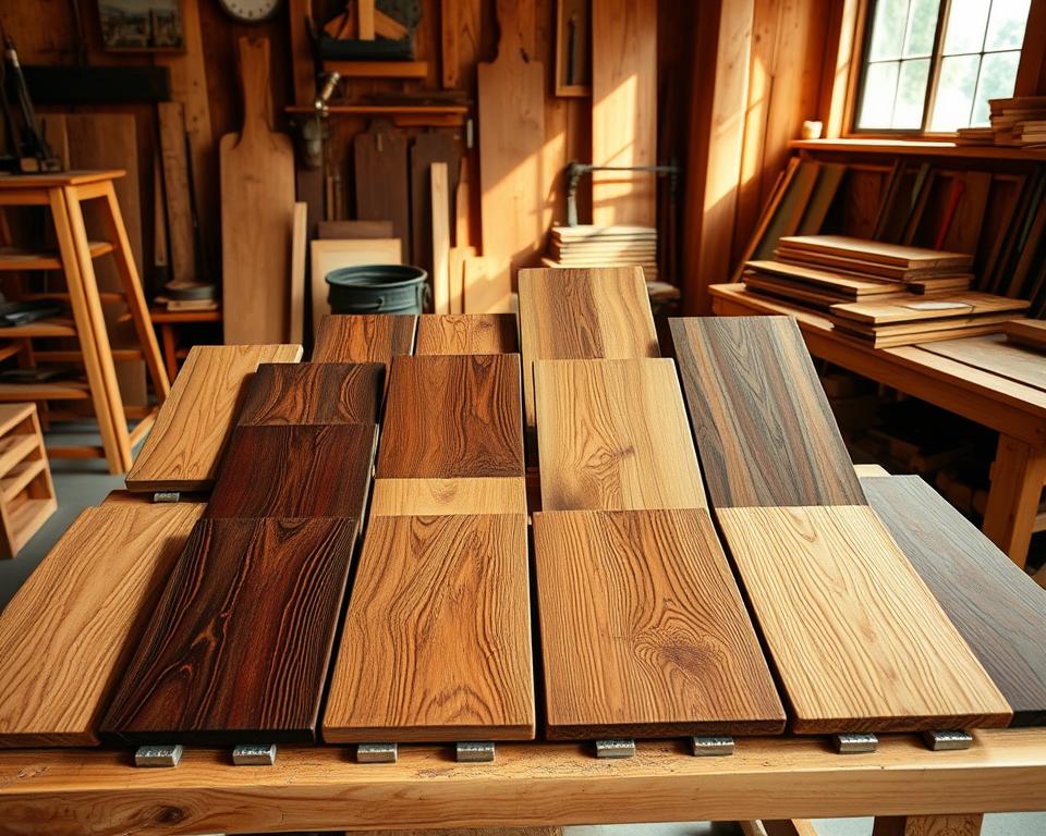 A well-lit wood workshop with a table displaying an assortment of wooden sample boards in various stain finishes. The boards are arranged in a visually pleasing layout, showcasing the diverse range of tones and textures achieved through different staining techniques. The warm, natural lighting casts subtle shadows, accentuating the grain patterns and highlighting the depth of the stained surfaces. The camera angle captures the scene from a slightly elevated perspective, allowing the viewer to appreciate the details and variety of the sample boards. The overall atmosphere evokes a sense of craftsmanship, inviting the audience to explore the nuances of wood staining. A well-lit wood workshop with a table displaying an assortment of wooden sample boards in various stain finishes. The boards are arranged in a visually pleasing layout, showcasing the diverse range of tones and textures achieved through different staining techniques. The warm, natural lighting casts subtle shadows, accentuating the grain patterns and highlighting the depth of the stained surfaces. The camera angle captures the scene from a slightly elevated perspective, allowing the viewer to appreciate the details and variety of the sample boards. The overall atmosphere evokes a sense of craftsmanship, inviting the audience to explore the nuances of wood staining.