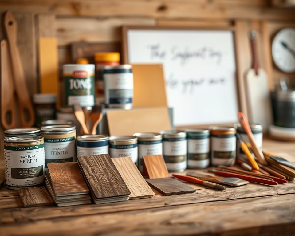 A well-lit wooden table displaying an assortment of paint cans, brushes, and color swatches. In the foreground, various wood stain samples and finishing products are neatly arranged, showcasing a range of rustic, natural tones. The middle ground features a selection of matte and satin-finish paints in earthy, muted hues, perfect for a DIY rustic sign project. The background is softly blurred, with a warm, inviting atmosphere that suggests a cozy, workshop-like setting. The overall composition emphasizes the textures, colors, and tools needed to achieve the perfect painted and finished look for a handcrafted wooden sign.