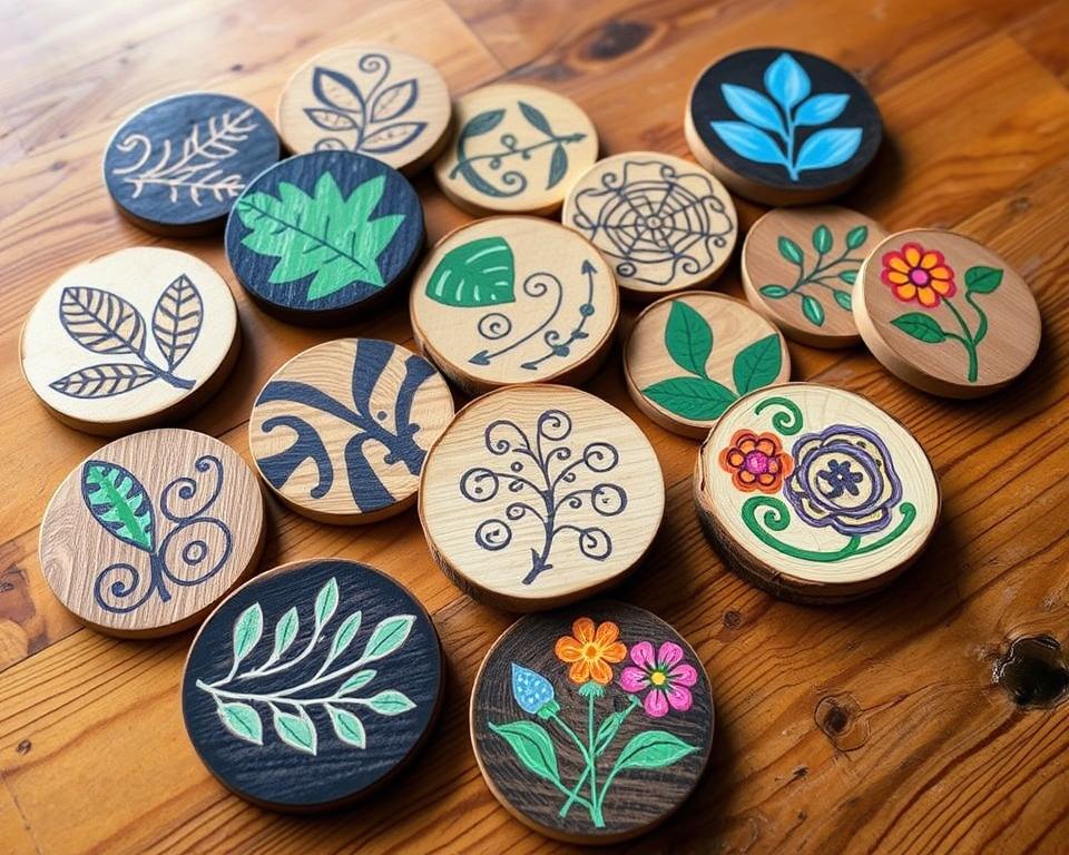 A well-lit, wooden tabletop showcasing an assortment of hand-painted wooden coasters. The coasters feature a variety of whimsical, nature-inspired designs, including intricate leaf patterns, abstract swirls, and vibrant floral motifs. The coasters are arranged in a visually pleasing, artful display, capturing the essence of personalized, handmade home decor. The overall scene conveys a sense of rustic charm and creative potential, inspiring the viewer to explore the possibilities of transforming scrap wood into unique, decorative pieces. A well-lit, wooden tabletop showcasing an assortment of hand-painted wooden coasters. The coasters feature a variety of whimsical, nature-inspired designs, including intricate leaf patterns, abstract swirls, and vibrant floral motifs. The coasters are arranged in a visually pleasing, artful display, capturing the essence of personalized, handmade home decor. The overall scene conveys a sense of rustic charm and creative potential, inspiring the viewer to explore the possibilities of transforming scrap wood into unique, decorative pieces.